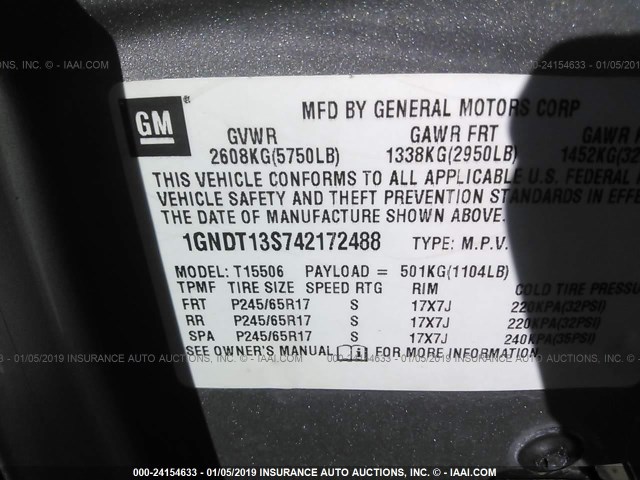 1GNDT13S742172488 - 2004 CHEVROLET TRAILBLAZER LS/LT GRAY photo 9