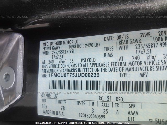 1FMCU0F75JUD00239 - 2018 FORD ESCAPE S GRAY photo 9