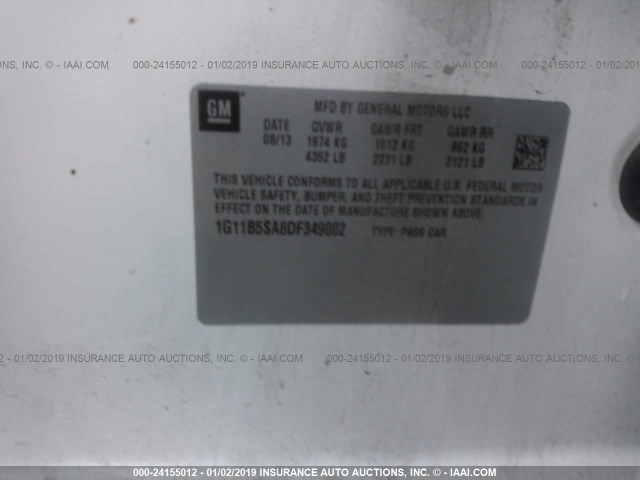 1G11B5SA8DF349002 - 2013 CHEVROLET MALIBU LS 白色 照片 9