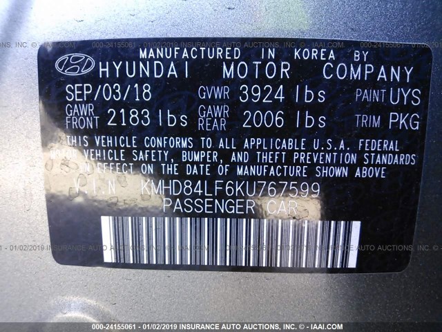 KMHD84LF6KU767599 - 2019 HYUNDAI ELANTRA SEL/VALUE/LIMITED GRAY photo 9