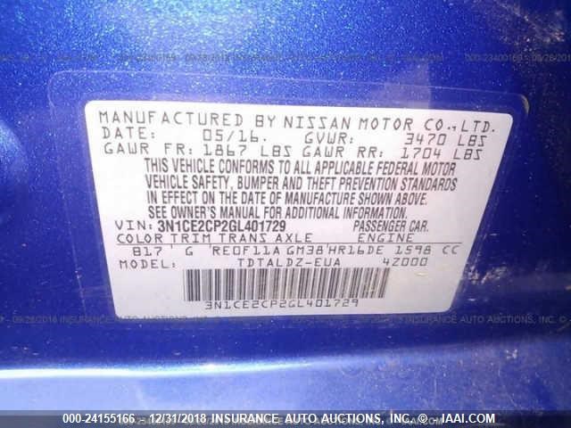 3N1CE2CP2GL401729 - 2016 NISSAN VERSA NOTE S/S PLUS/SV/SL/SR BLUE photo 9