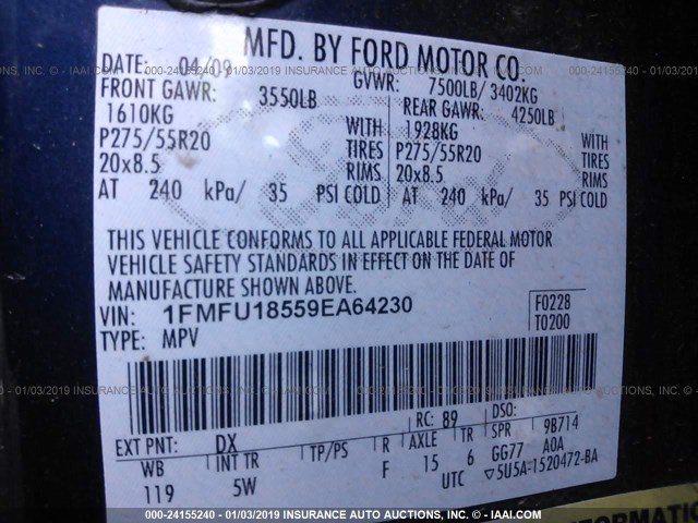 1FMFU18559EA64230 - 2009 FORD EXPEDITION EDDIE BAUER BLUE photo 9