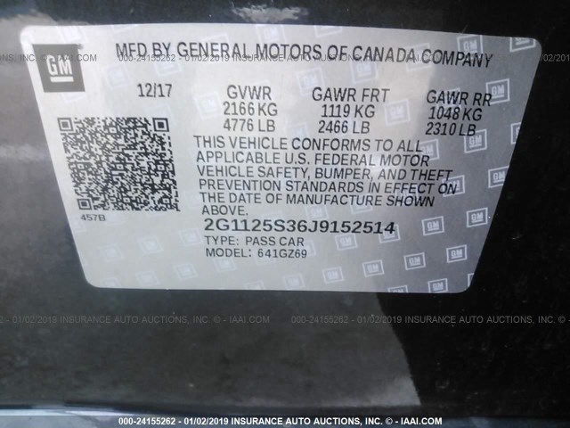 2G1125S36J9152514 - 2018 CHEVROLET IMPALA PREMIER BLACK photo 9