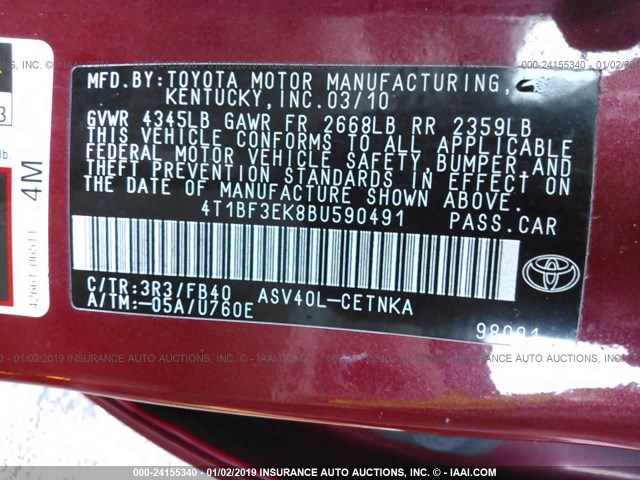 4T1BF3EK8BU590491 - 2011 TOYOTA CAMRY SE/LE/XLE RED photo 9