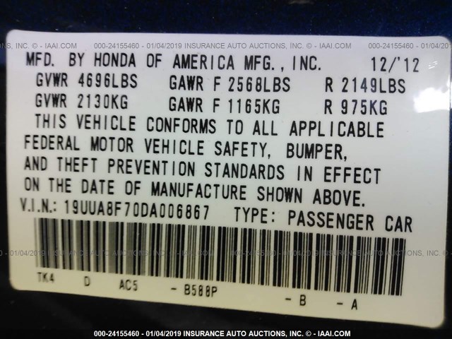 19UUA8F70DA006867 - 2013 ACURA TL ADVANCE BLUE photo 9