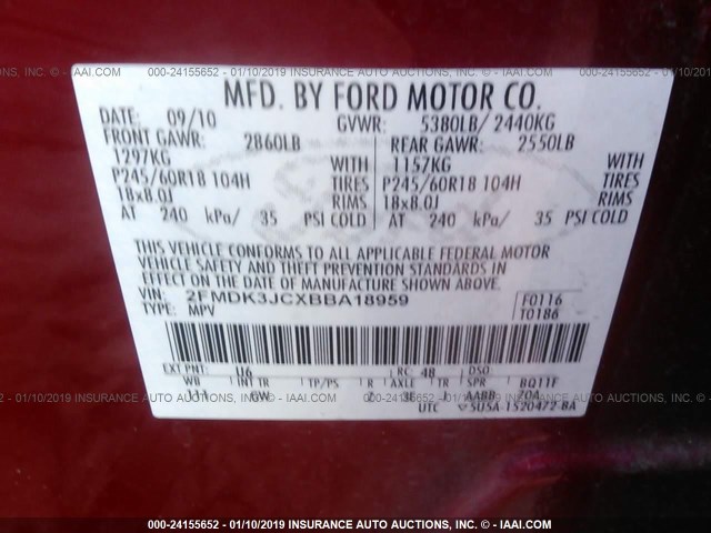 2FMDK3JCXBBA18959 - 2011 FORD EDGE SEL RED photo 9