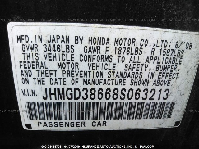 JHMGD38668S063213 - 2008 HONDA FIT SPORT BLACK photo 9