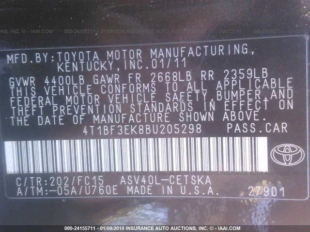 4T1BF3EK8BU205298 - 2011 TOYOTA CAMRY SE/LE/XLE BLACK photo 9