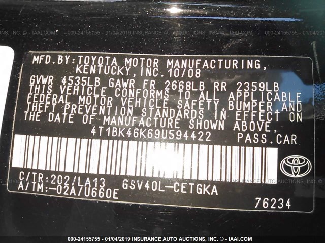 4T1BK46K69U594422 - 2009 TOYOTA CAMRY SE/LE/XLE BLACK photo 9