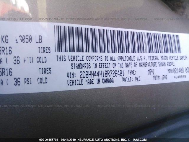 2D8HN44H18R726481 - 2008 DODGE GRAND CARAVAN SE GOLD photo 9