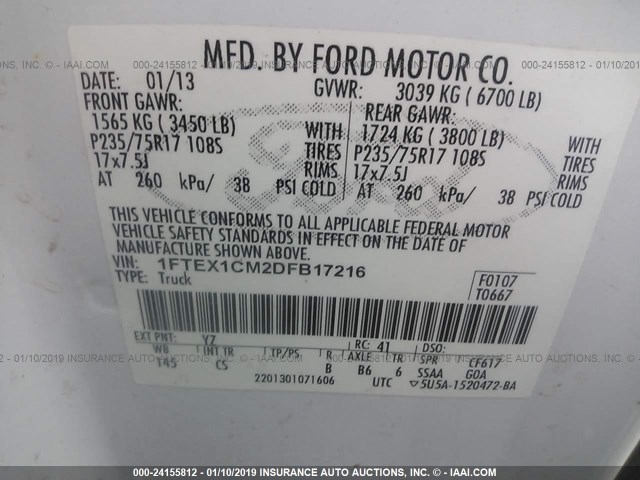 1FTEX1CM2DFB17216 - 2013 FORD F150 SUPER CAB WHITE photo 9