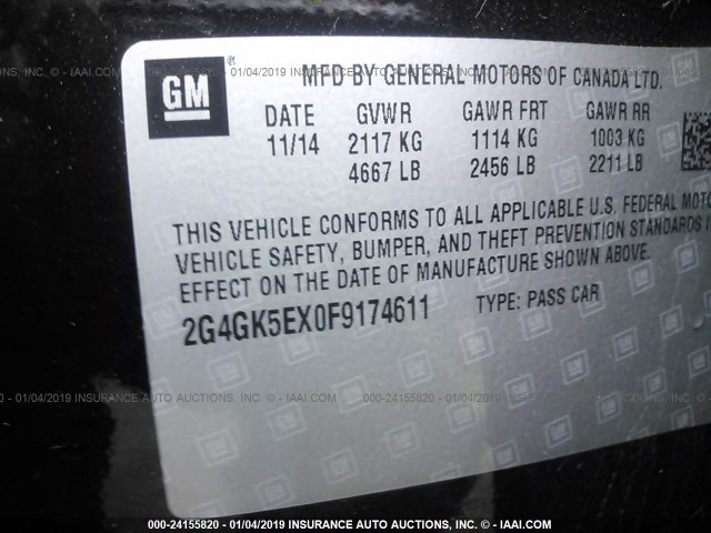 2G4GK5EX0F9174611 - 2015 BUICK REGAL BLACK photo 9