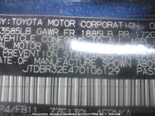 JTDBR32E470106129 - 2007 TOYOTA COROLLA CE/LE/S BLUE photo 9