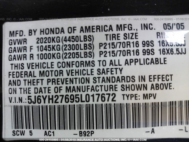 5J6YH27695L017672 - 2005 HONDA ELEMENT EX BLACK photo 9