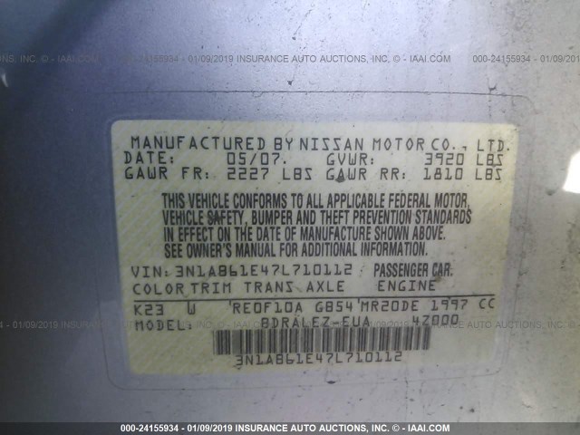 3N1AB61E47L710112 - 2007 NISSAN SENTRA 2.0/2.0S/2.0SL SILVER photo 9