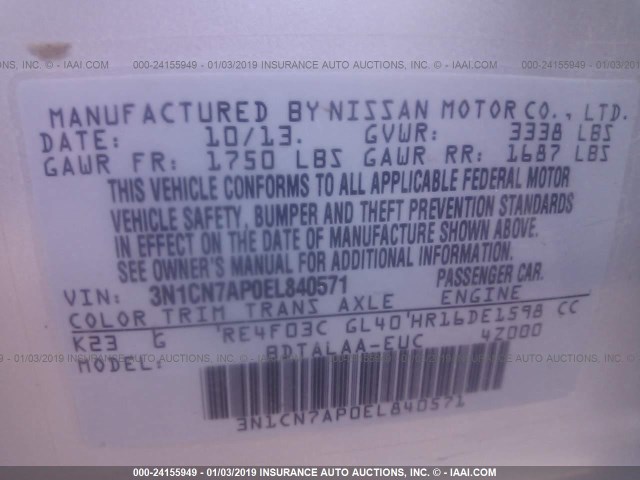 3N1CN7AP0EL840571 - 2014 NISSAN VERSA S/S PLUS/SV/SL SILVER photo 9