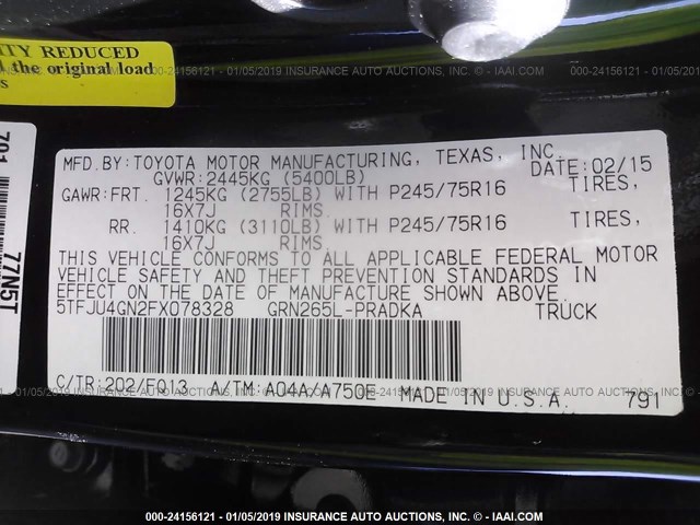 5TFJU4GN2FX078328 - 2015 TOYOTA TACOMA DOUBLE CAB PRERUNNER BLACK photo 9
