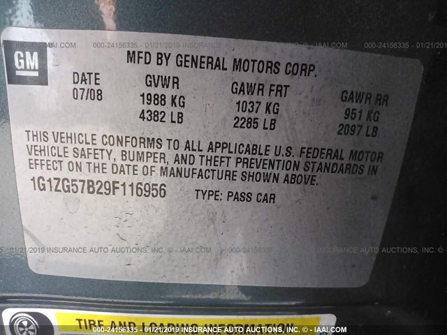 1G1ZG57B29F116956 - 2009 CHEVROLET MALIBU LS GREEN photo 9