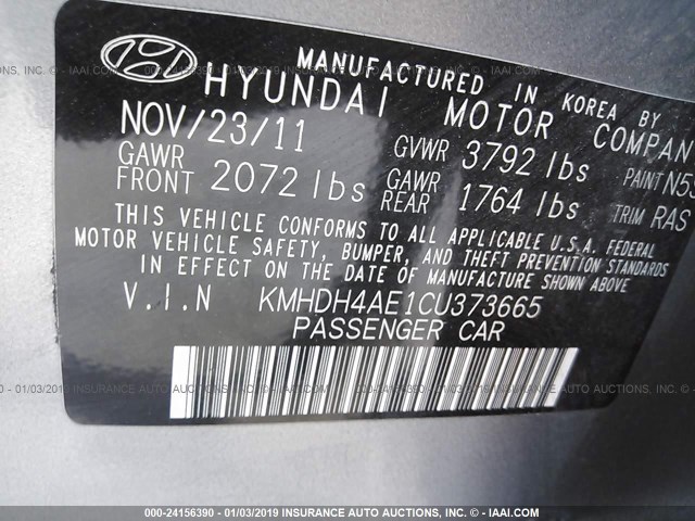 KMHDH4AE1CU373665 - 2012 HYUNDAI ELANTRA GLS/LIMITED SILVER photo 9