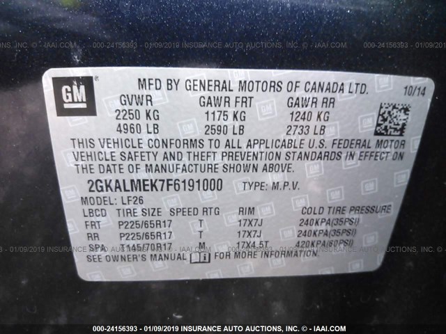 2GKALMEK7F6191000 - 2015 GMC TERRAIN SLE BLUE photo 9