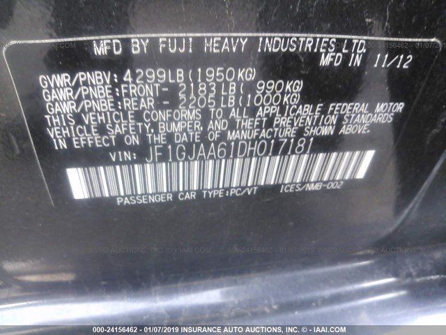 JF1GJAA61DH017181 - 2013 SUBARU IMPREZA GRAY photo 9