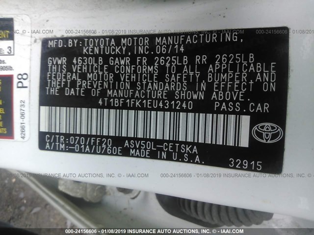 4T1BF1FK1EU431240 - 2014 TOYOTA CAMRY L/SE/LE/XLE 白色 照片 9