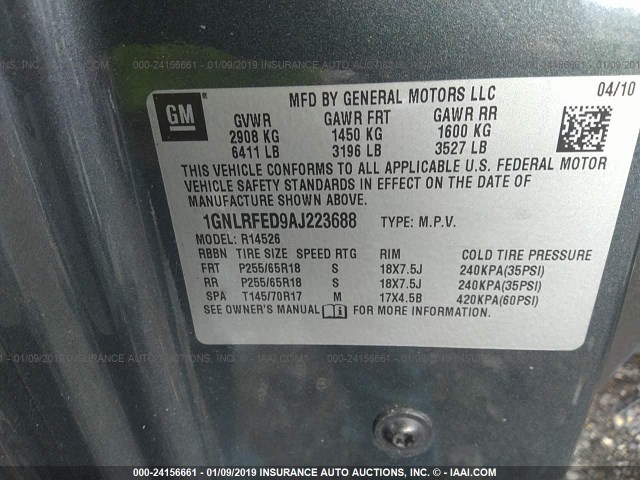 1GNLRFED9AJ223688 - 2010 CHEVROLET TRAVERSE LT GRAY photo 9