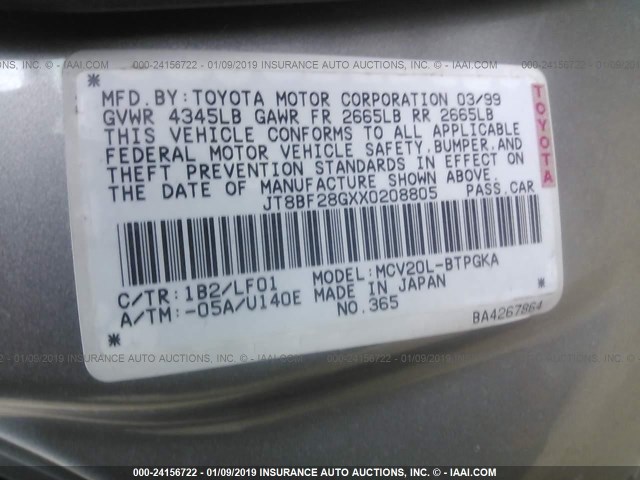 JT8BF28GXX0208805 - 1999 LEXUS ES 300 GRAY photo 9