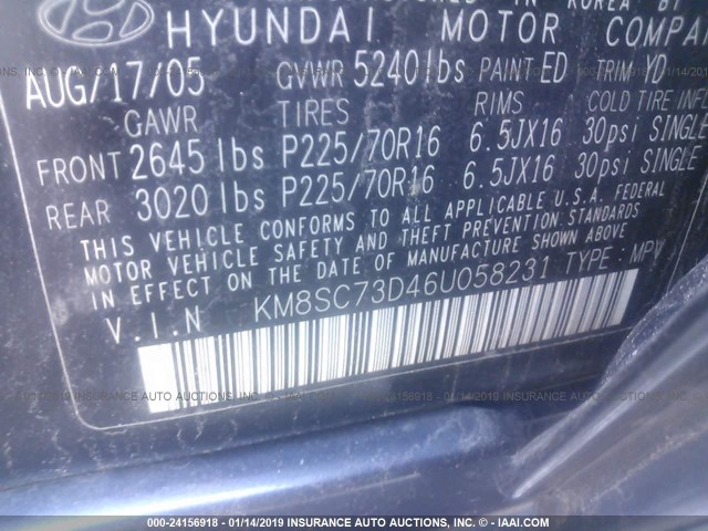 KM8SC73D46U058231 - 2006 HYUNDAI SANTA FE GLS/LIMITED BLACK photo 9