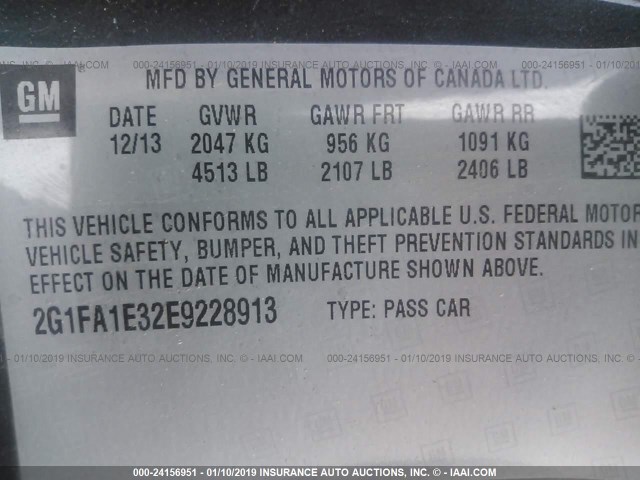 2G1FA1E32E9228913 - 2014 CHEVROLET CAMARO LS GRAY photo 9