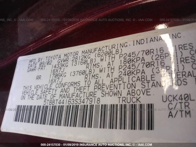 5TBBT44163S347918 - 2003 TOYOTA TUNDRA ACCESS CAB SR5 BURGUNDY photo 9