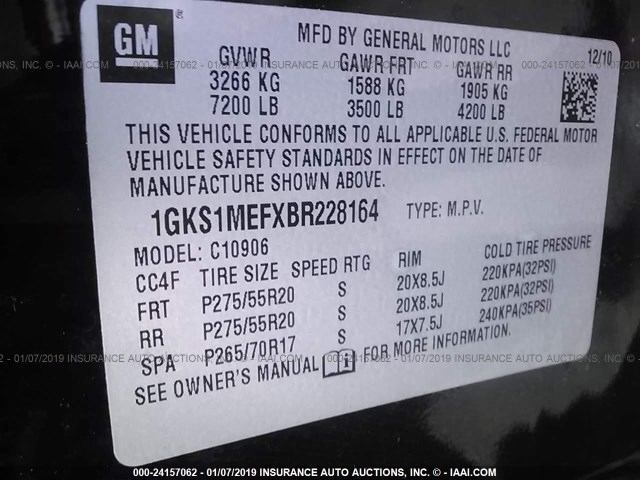 1GKS1MEFXBR228164 - 2011 GMC YUKON XL DENALI BLACK photo 9