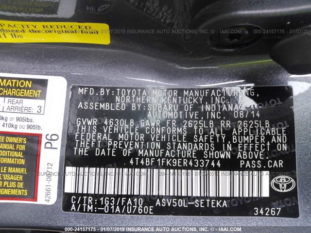 4T4BF1FK9ER433744 - 2014 TOYOTA CAMRY L/SE/LE/XLE GRAY photo 9