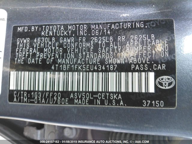 4T1BF1FK5EU434187 - 2014 TOYOTA CAMRY L/SE/LE/XLE GRAY photo 9