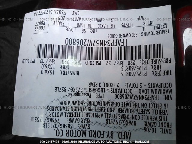 1FAFP34N57W206800 - 2007 FORD FOCUS ZX4/S/SE/SES წითელი ფოტო 9