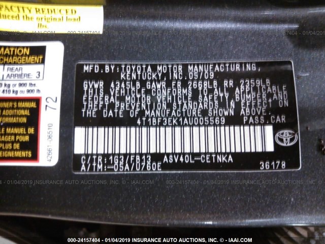 4T1BF3EK1AU005569 - 2010 TOYOTA CAMRY SE/LE/XLE 灰色 照片 9