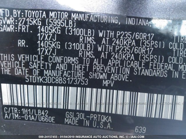 5TDYK3DC8BS173753 - 2011 TOYOTA SIENNA XLE/LIMITED SILVER photo 9