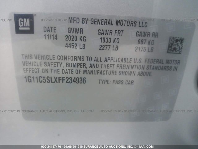 1G11C5SLXFF234936 - 2015 CHEVROLET MALIBU 1LT 灰色 照片 9