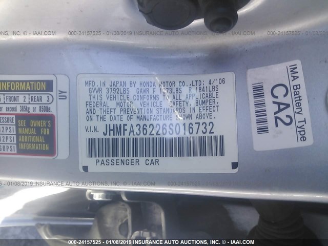 JHMFA36226S016732 - 2006 HONDA CIVIC HYBRID SILVER photo 9