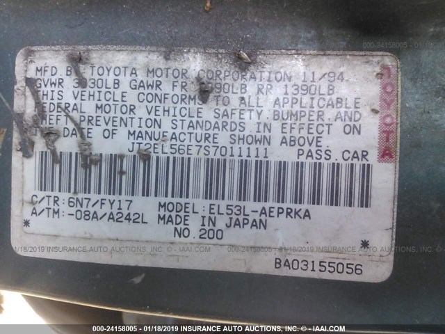 JT2EL56E7S7011111 - 1995 TOYOTA TERCEL DX GREEN photo 9