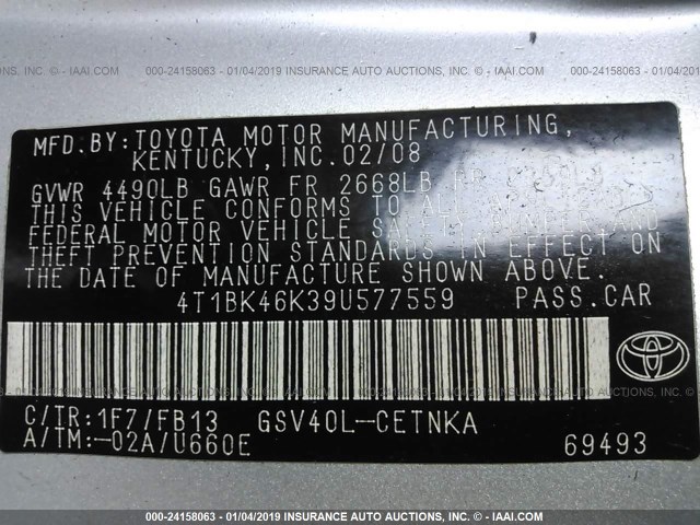 4T1BK46K39U577559 - 2009 TOYOTA CAMRY SE/LE/XLE SILVER photo 9