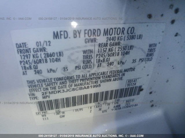 2FMDK3JC8CBA81995 - 2012 FORD EDGE SEL WHITE photo 9