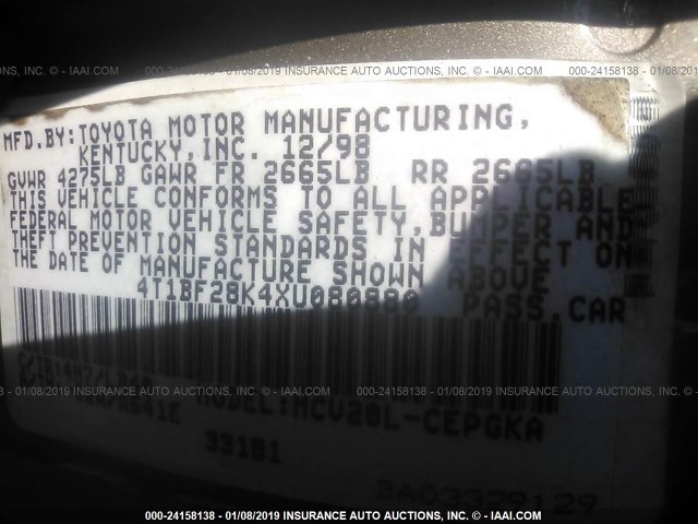 4T1BF28K4XU080880 - 1999 TOYOTA CAMRY LE/XLE BEIGE photo 9