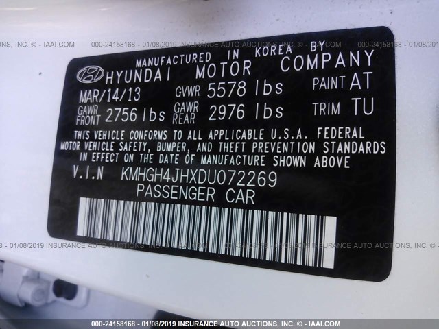 KMHGH4JHXDU072269 - 2013 HYUNDAI EQUUS SIGNATURE/ULTIMATE WHITE photo 9