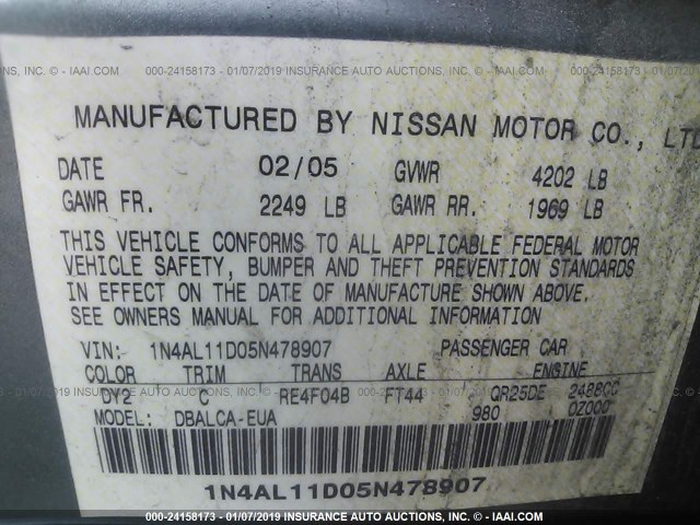 1N4AL11D05N478907 - 2005 NISSAN ALTIMA S/SL TEAL photo 9