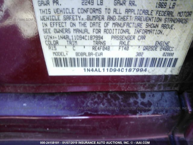 1N4AL11D94C187994 - 2004 NISSAN ALTIMA S/SL RED photo 9