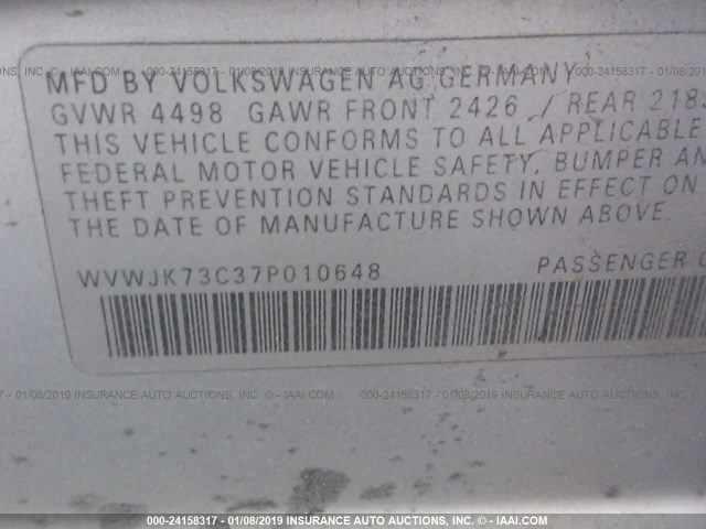 WVWJK73C37P010648 - 2007 VOLKSWAGEN PASSAT SILVER photo 9