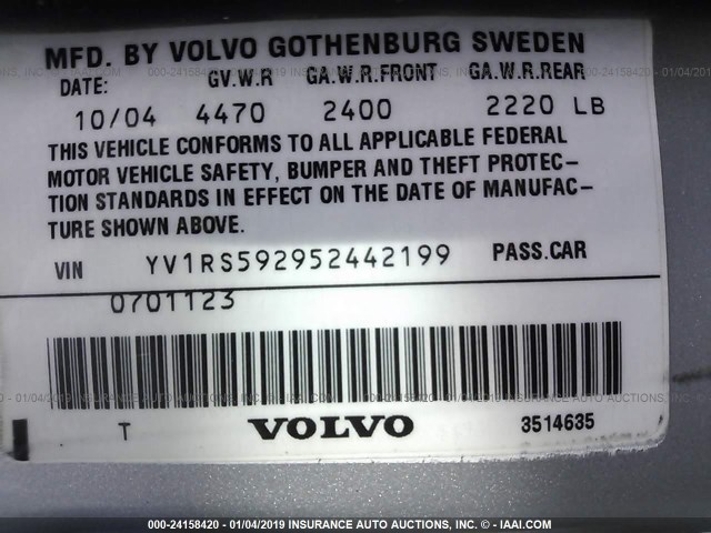 YV1RS592952442199 - 2005 VOLVO S60 2.5T SILVER photo 9