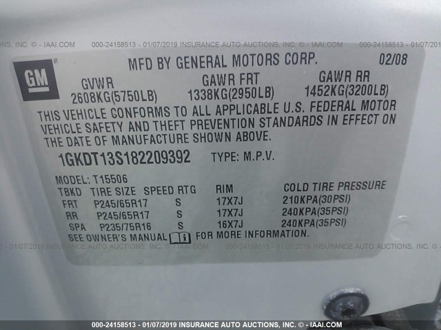 1GKDT13S182209392 - 2008 GMC ENVOY SILVER photo 9