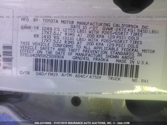 5TELU42N58Z509904 - 2008 TOYOTA TACOMA DOUBLE CAB 白色 照片 9